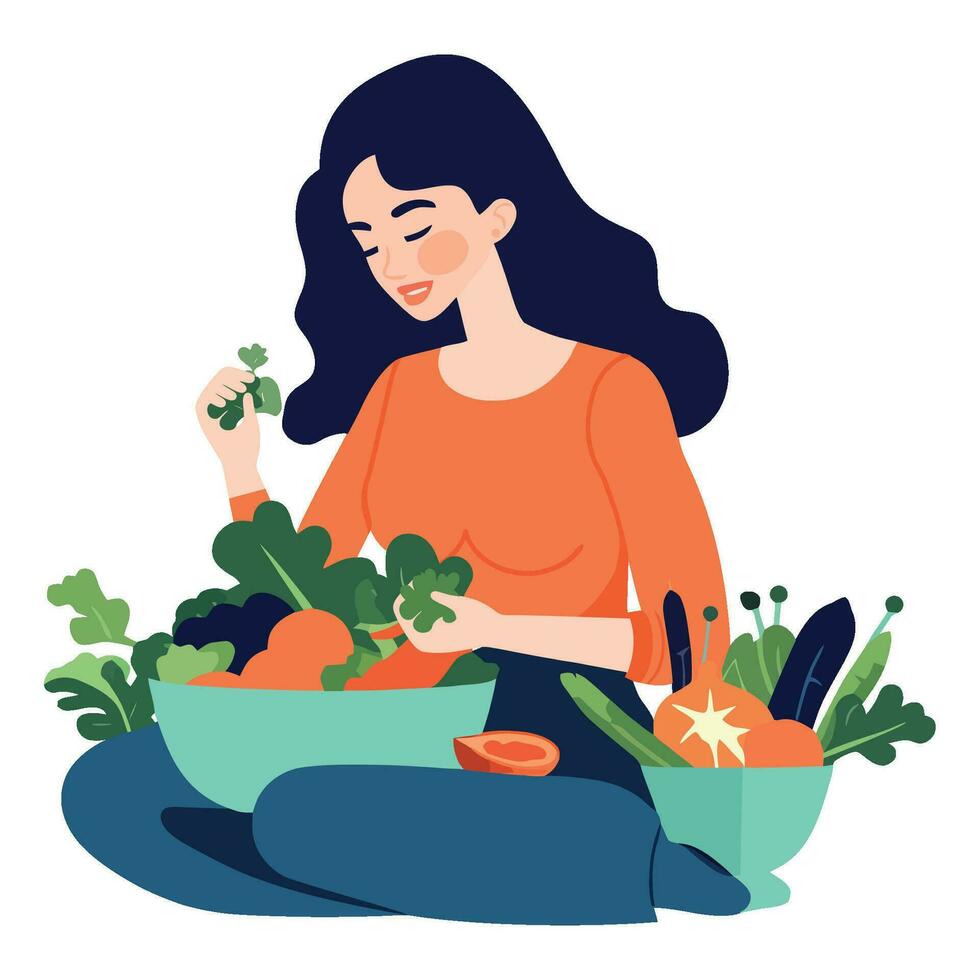 woman with vegetables and fruits in a basket over white vector