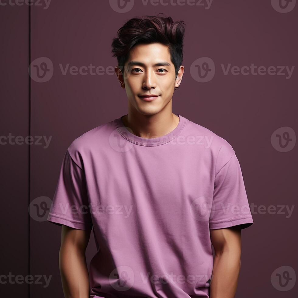 Illustration of a fashion portrait with plain t-shirt mockup, photo