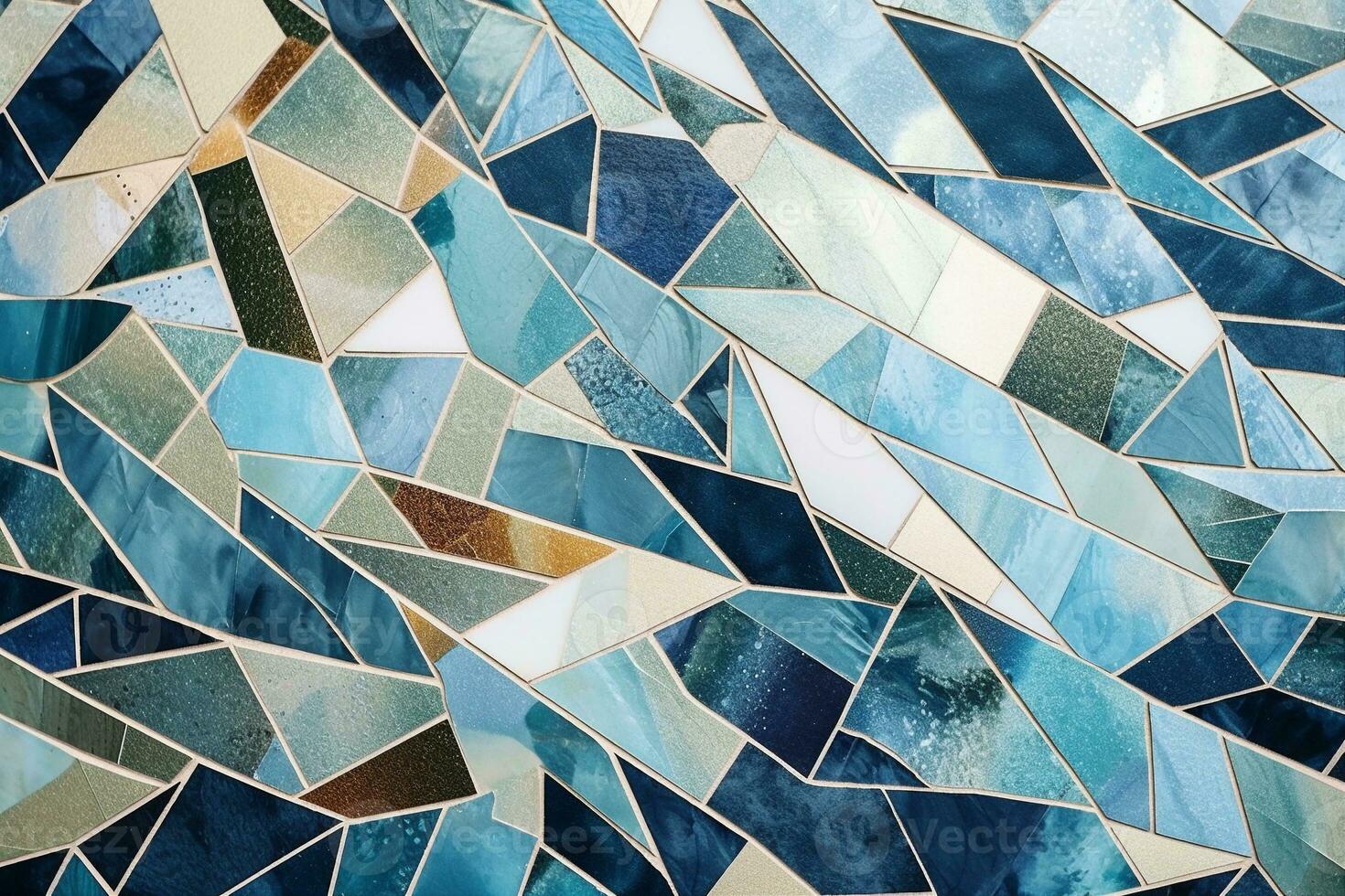 Wall of mosaic tiles in different geometric shapes, blue, white, gold color. Abstract textured background. Generative AI illustration. photo