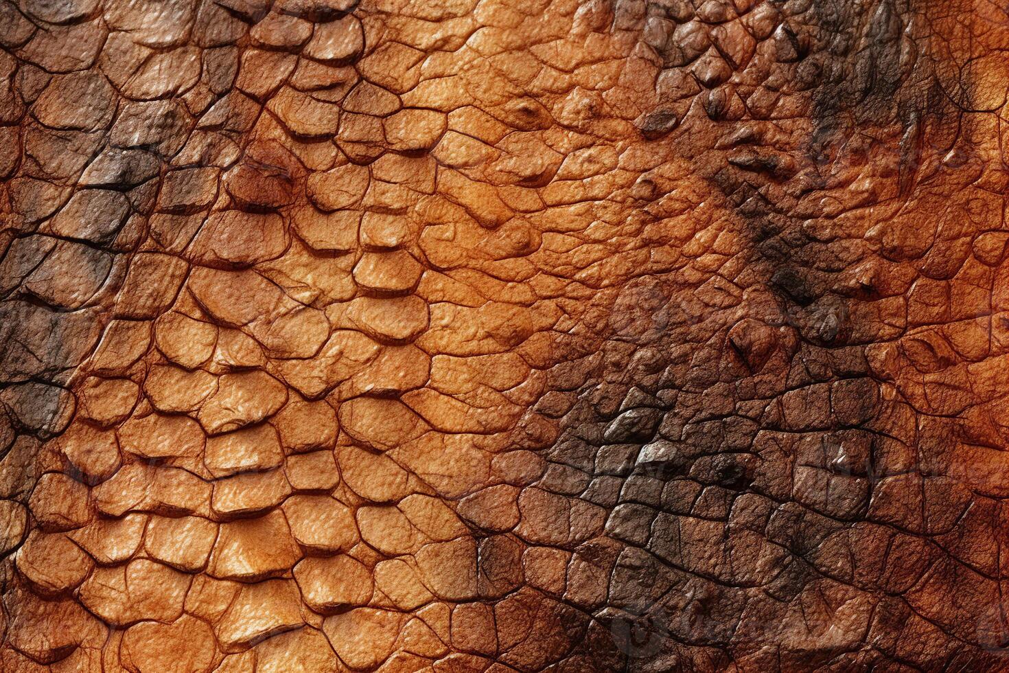 Abstract textured brown crocodile skin background. Close-up view, Generative AI illustration. photo