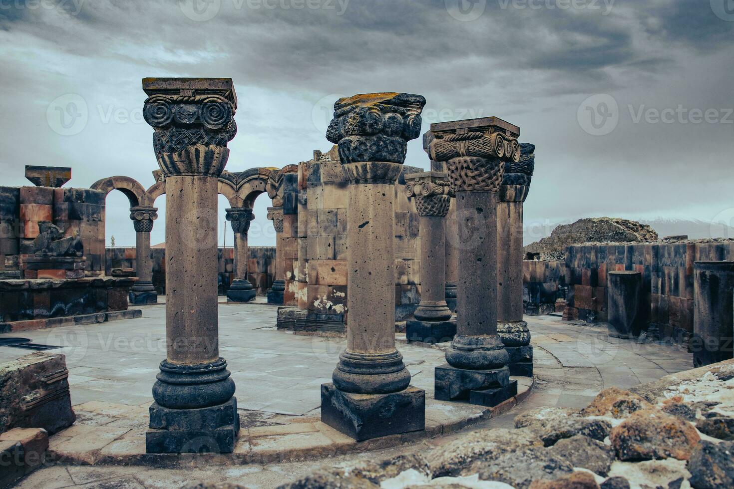 View of ancient column in Zvartnos temple in Armenia concept photo. photo