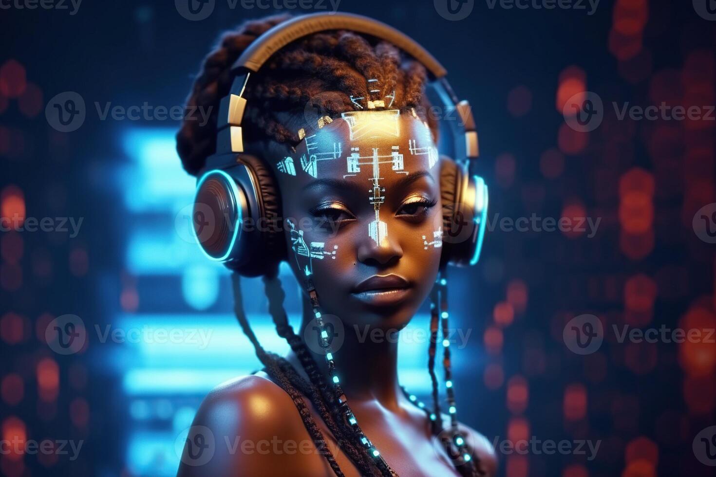Illustration of a cyborg woman and Ai technology background , photo