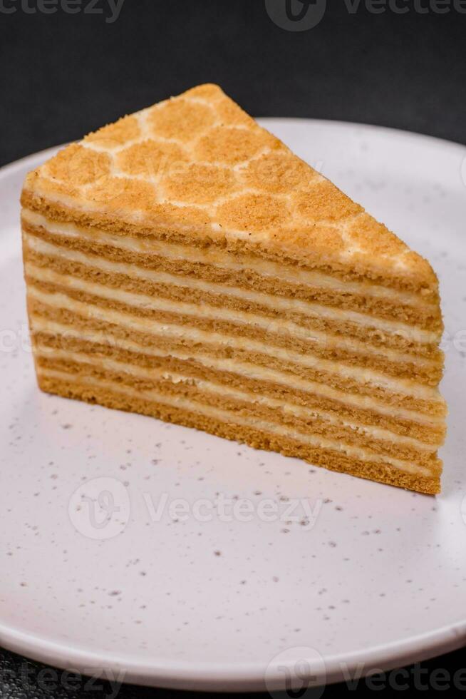 Delicious fresh sweet honey cake layer cake with white cream photo