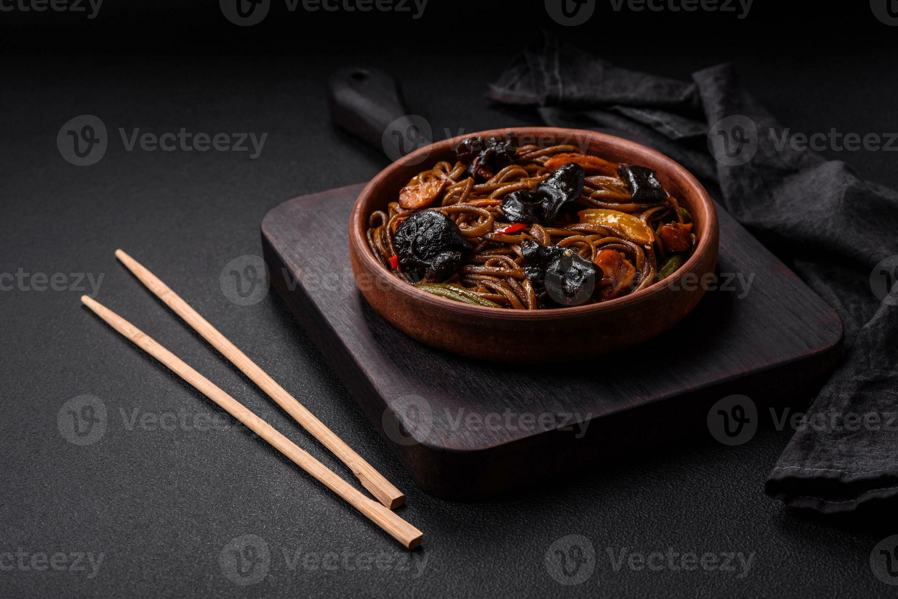 Delicious fresh buckwheat noodles or udon with mushrooms, peppers and other vegetables 26353439