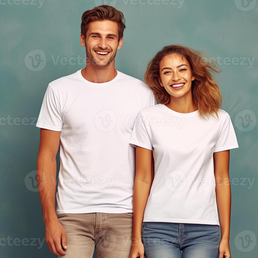 Illustration of a fashion portrait with plain t-shirt mockup, AI Generated photo