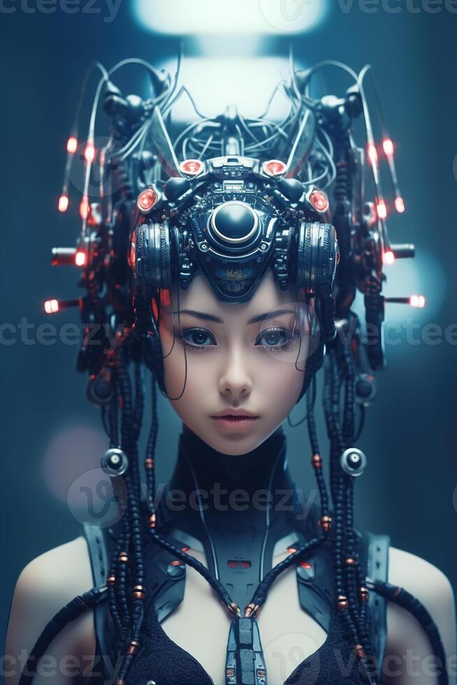 ilustración de un cyborg mujer y ai tecnología antecedentes , ai generado foto