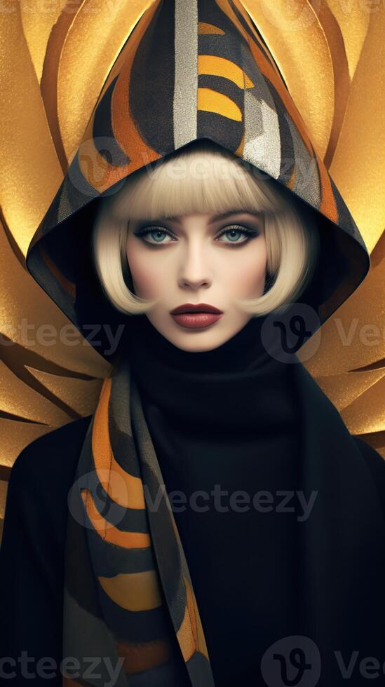 An illustration of a fashion portrait of a woman combined with abstract art., AI Generated photo