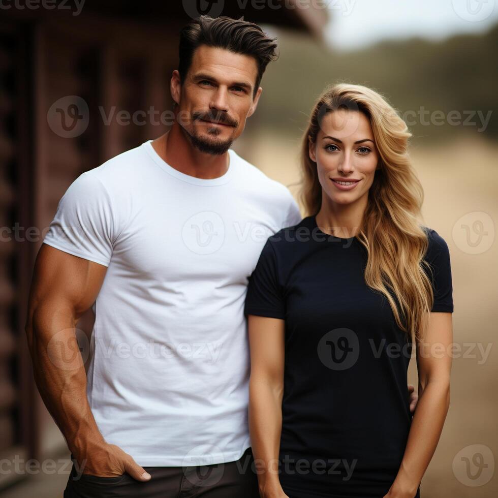 Illustration of a couple fashion portrait with plain t-shirt mockup, photo