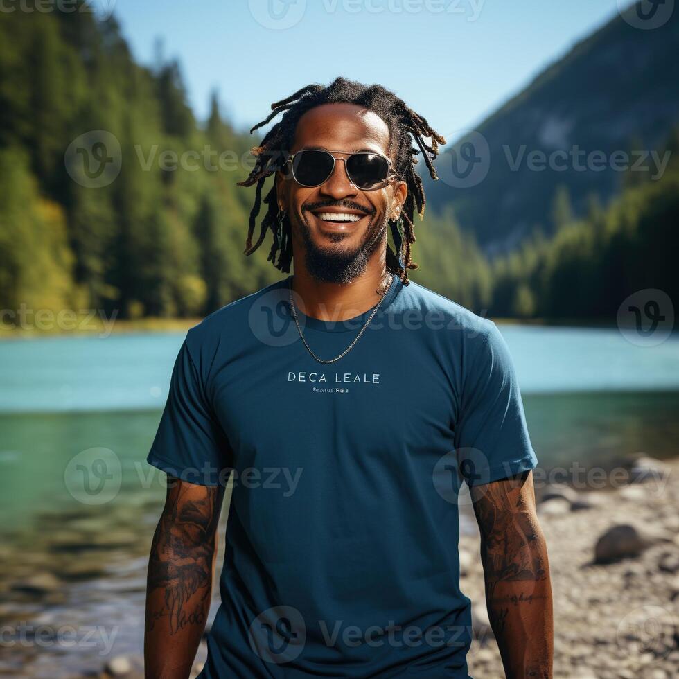 Illustration of a fashion portrait with plain t-shirt mockup, photo