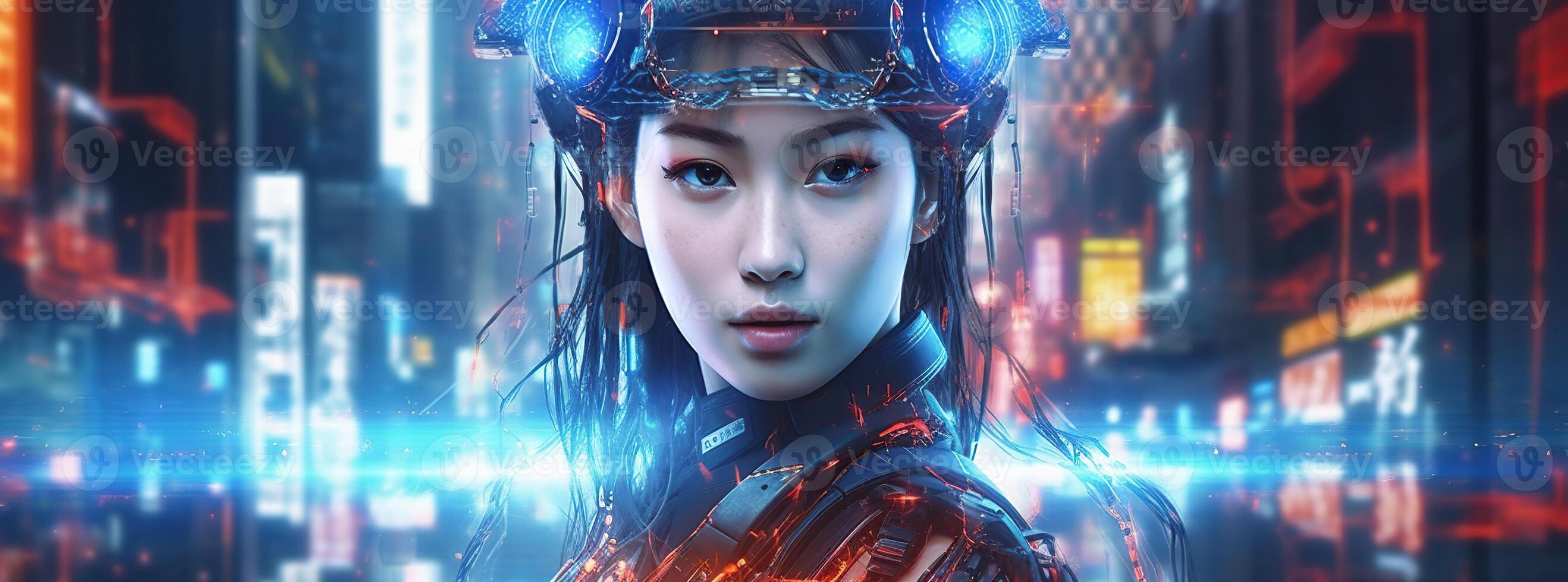 Illustration of a cyborg woman and Ai technology background , photo