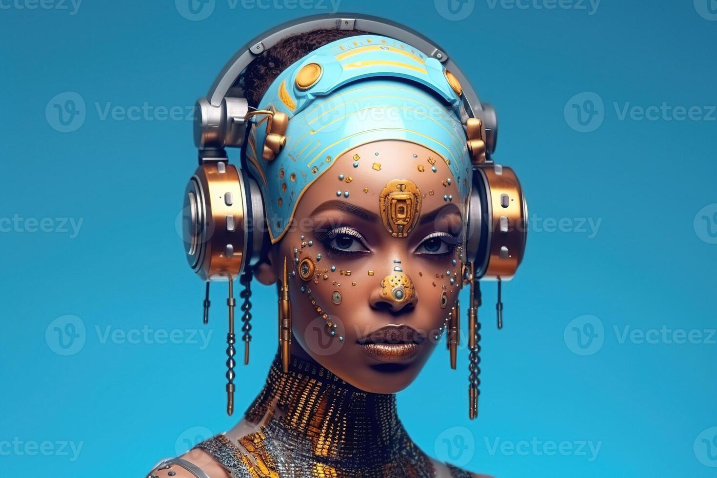 Illustration of a cyborg woman and Ai technology background , photo