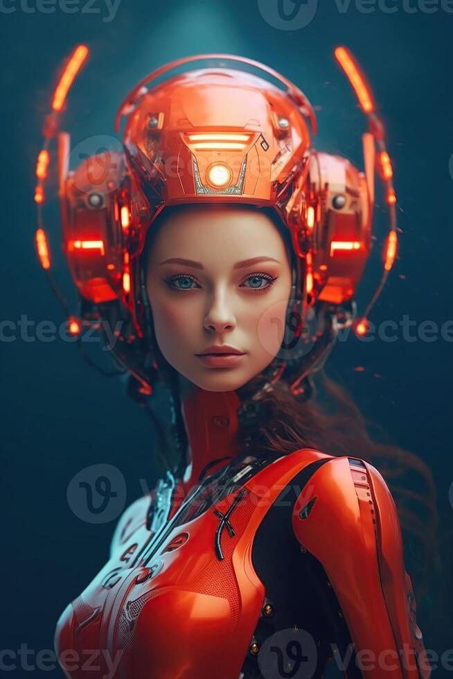 Illustration of a cyborg woman and Ai technology background , AI Generated photo