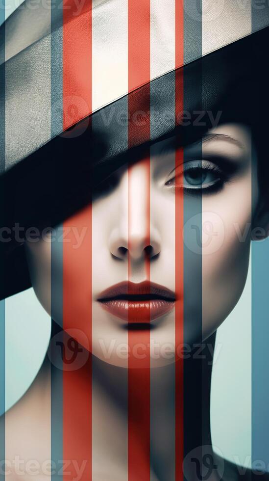 An illustration of a fashion portrait of a woman combined with abstract art., AI Generated photo