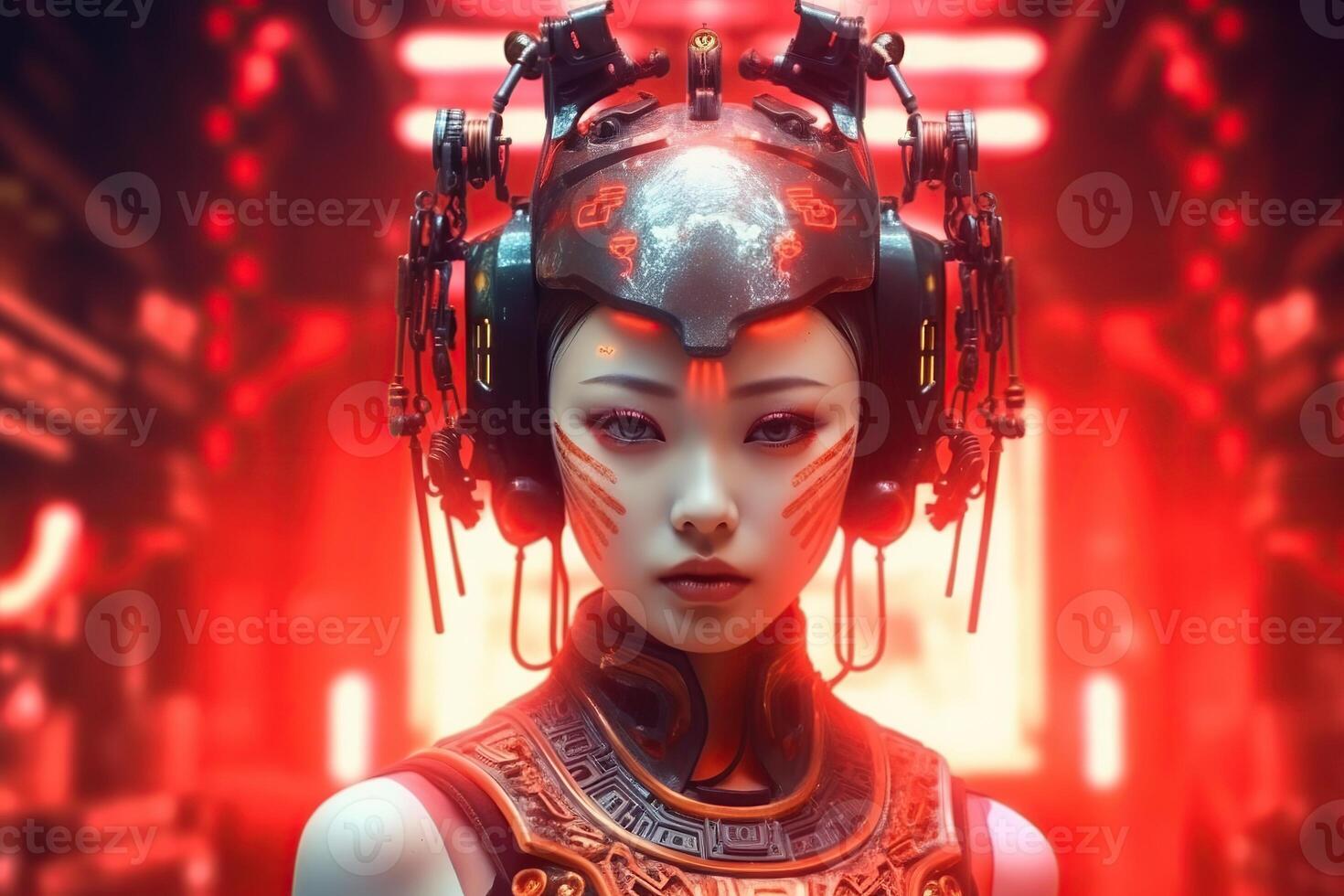 Illustration of a cyborg woman and Ai technology background , photo
