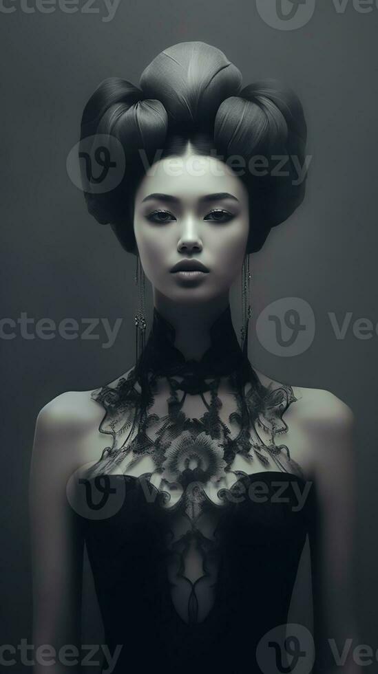 An illustration of a fashion portrait of a woman combined with abstract art., AI Generated photo