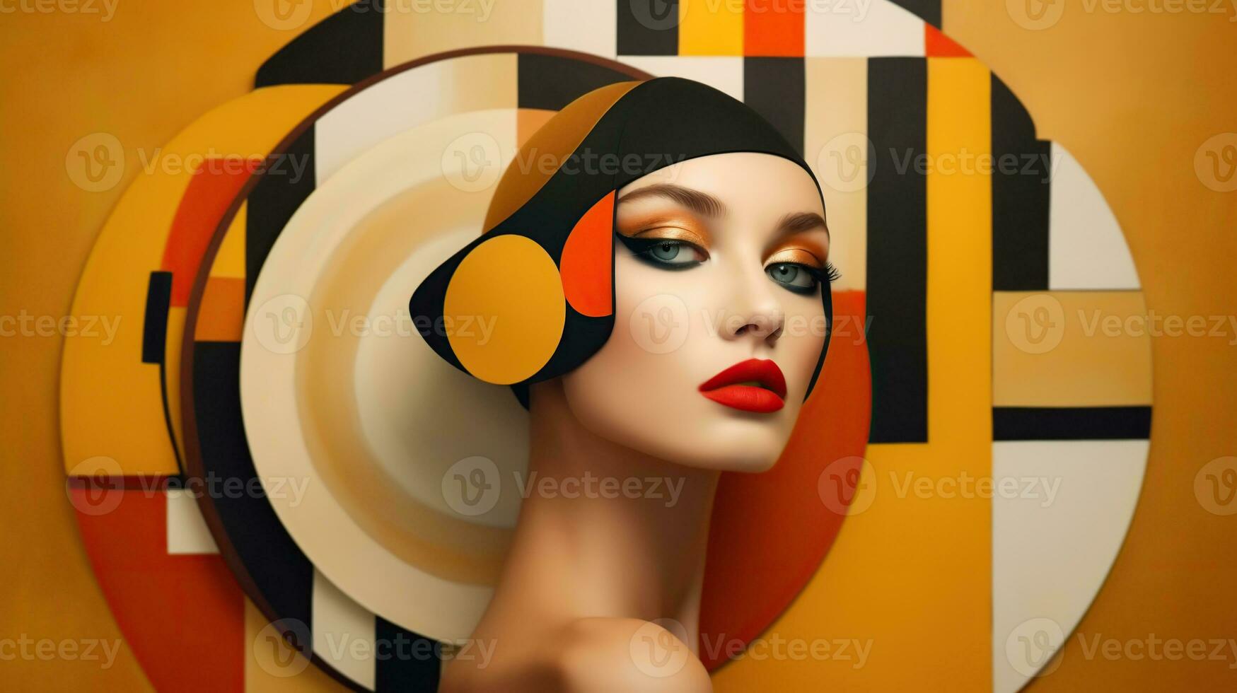 An illustration of a fashion portrait of a woman combined with abstract art., AI Generated photo