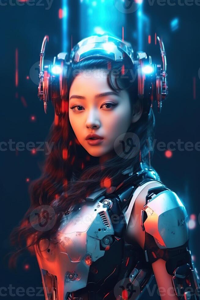 Illustration of a cyborg woman and Ai technology background , AI Generated photo