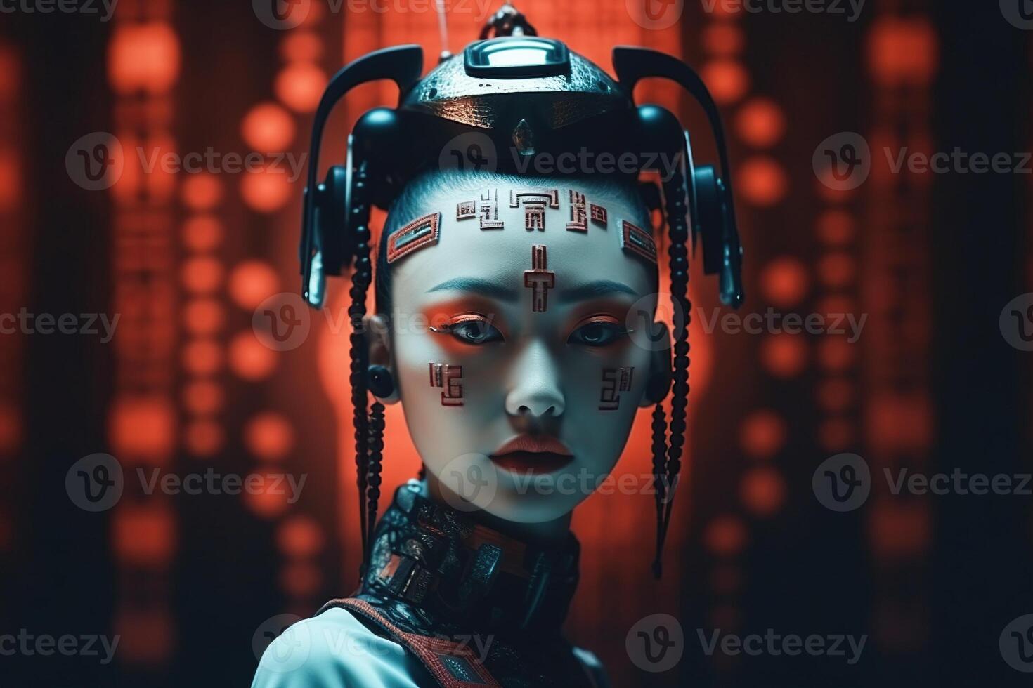 Illustration of a cyborg woman and Ai technology background , photo