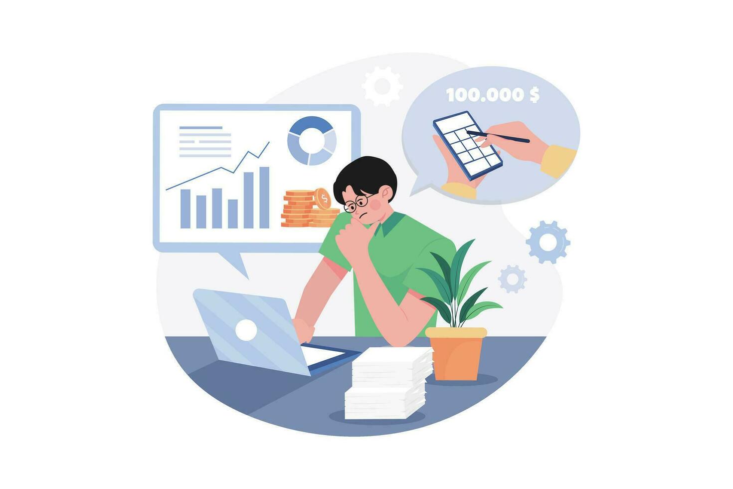 The Guy On The Laptop Calculates The Visual Benefit vector