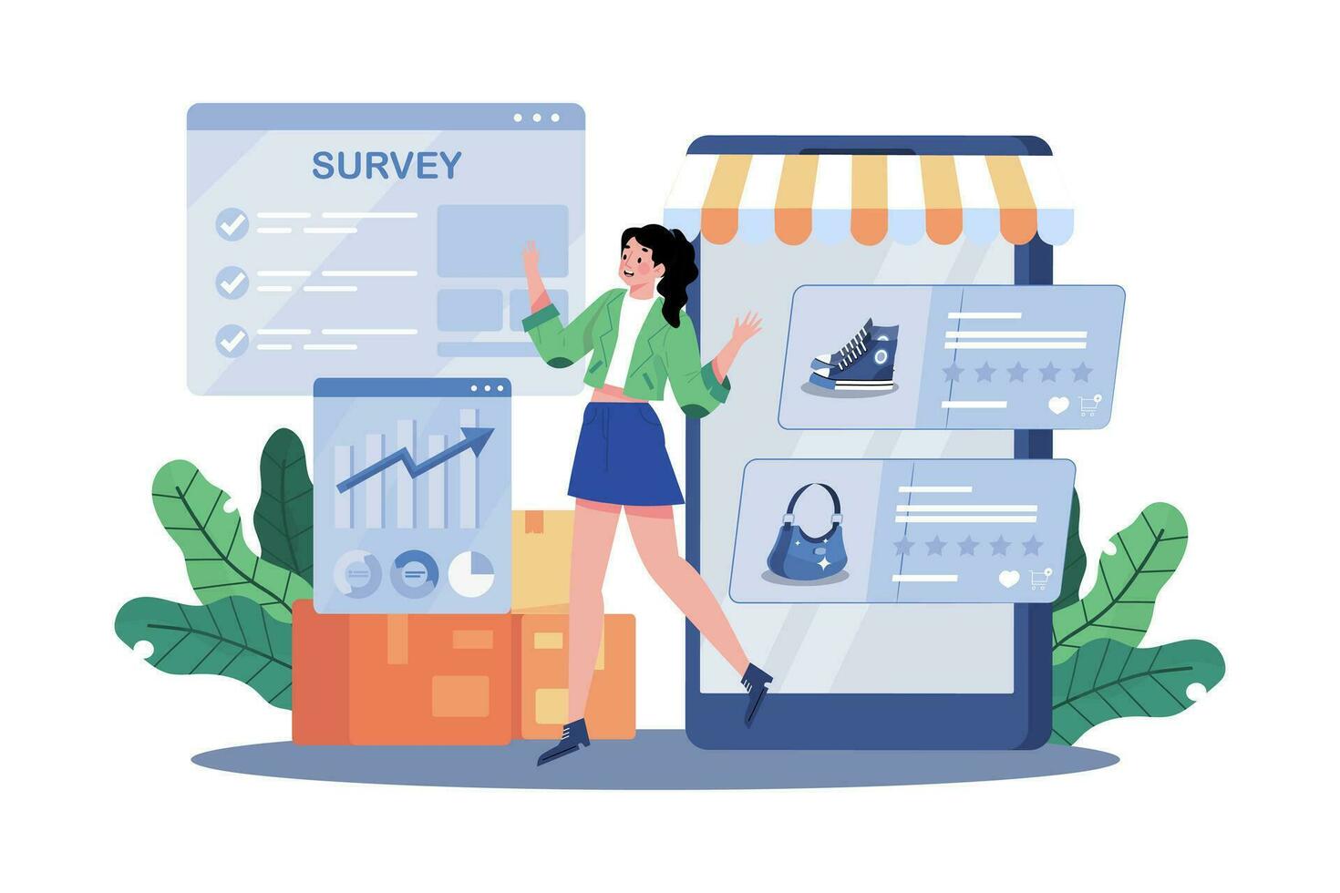 Online surveys aid in market research. vector