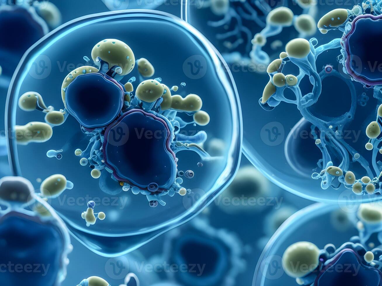 The concept, simulated 3D illustration of e-Coli culture cells in the lab looking by a microscope. Illustration for medical, science, biology, biochemistry, and scientific research. . photo