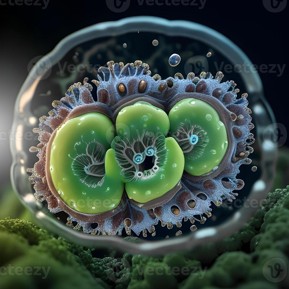 The concept, simulated 3D illustration of the cell membrane of bacteria cells in wastewater samples. Illustration for medical, science, biology, biochemistry, and scientific research. Generative Ai. photo