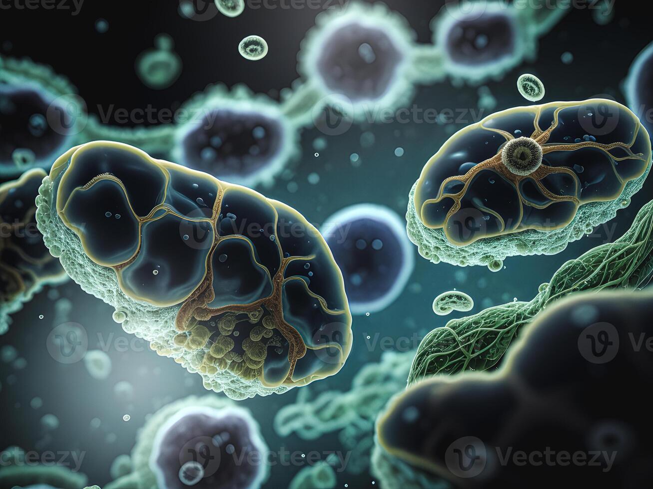 The concept, simulated 3D illustration of microscopic bacteria cells in wastewater. Illustration for medical, science, biology, biochemistry, and scientific research. Generative Ai. photo