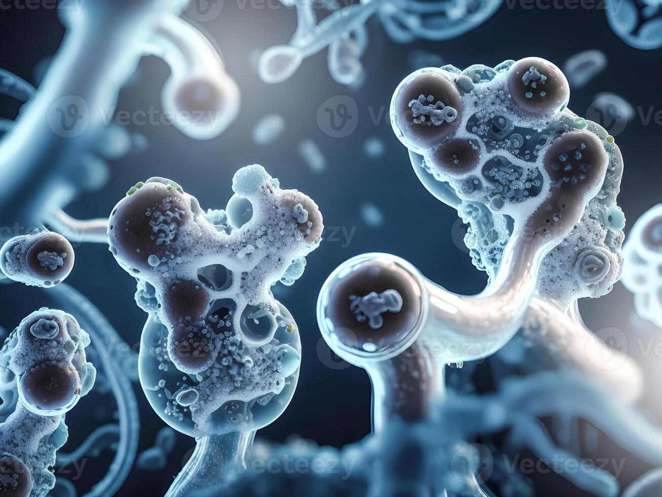 The concept, simulated 3D illustration of microscopic bacteria cells of bacteria-contaminated water samples. Illustration for medical, science, biology, scientific research. . photo
