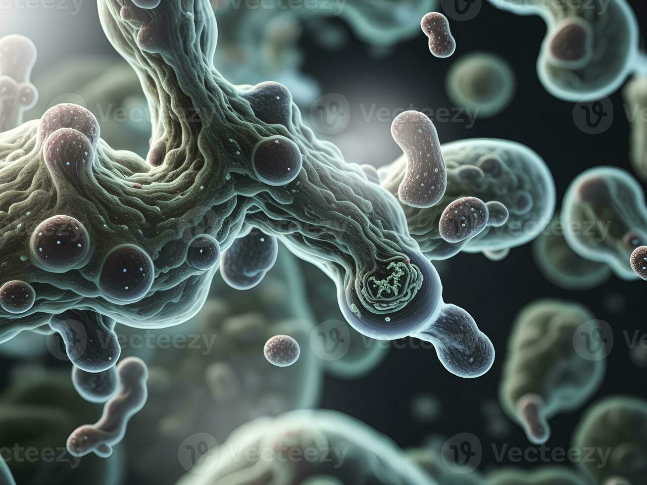 el concepto, simulado 3d ilustración de microscópico e. coli células de el aguas residuales muestra por microscopio. ilustración para médico, ciencia, biología, bioquímica, científico investigación. generativo ai. foto