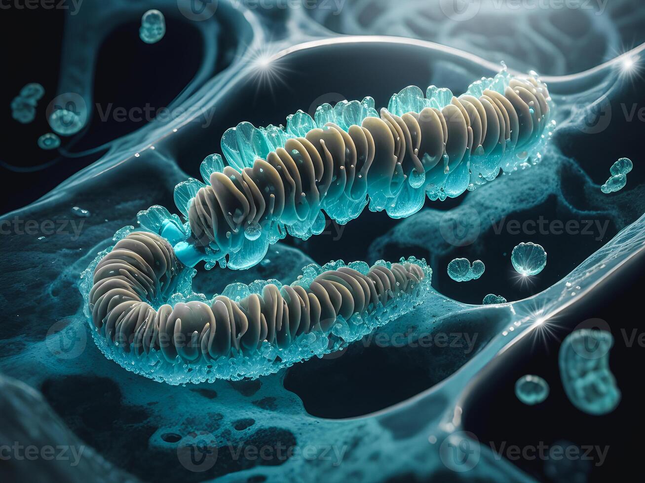 The concept, simulated 3D illustration of protozoa, e-Coli cells in contaminated water samples. Illustration for medical, science, biology, biochemistry, and scientific research. photo