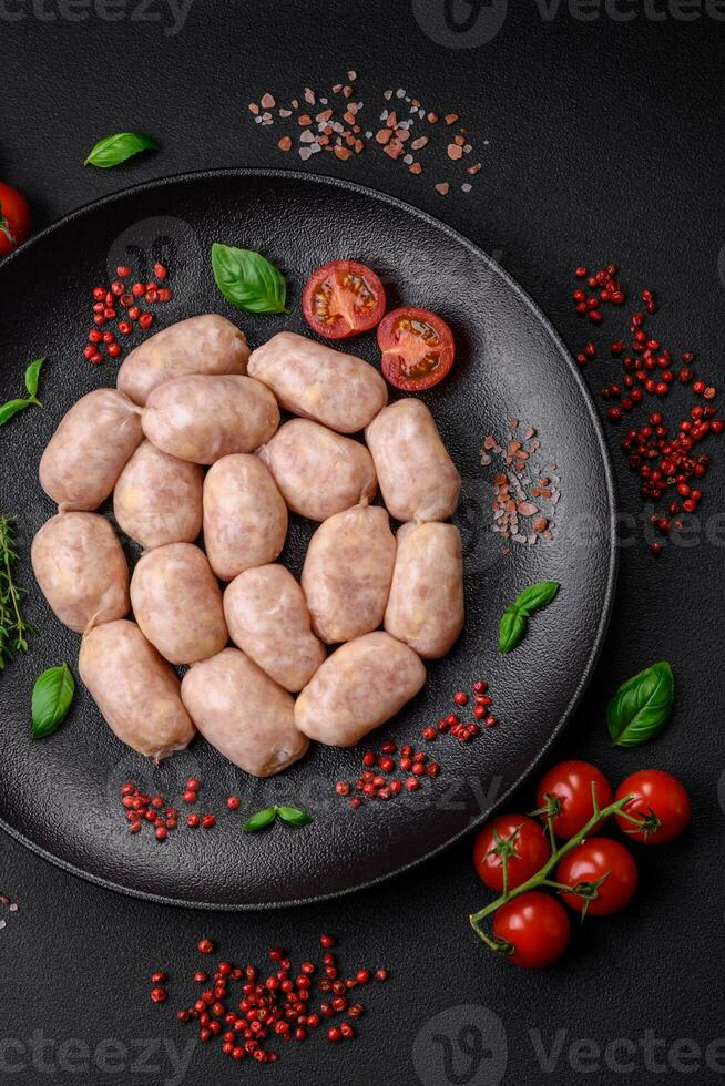 Fresh raw sausages from pork or chicken with salt, spices and herbs photo