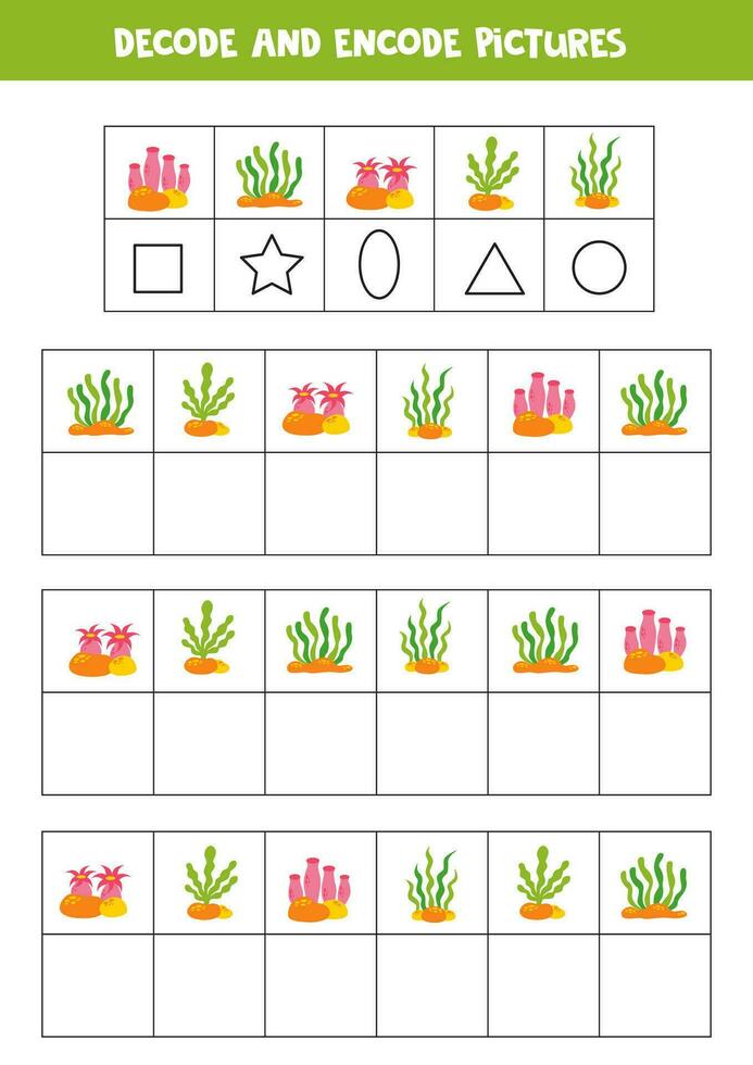 Decode and encode pictures. Write the symbols under cute sea seaweeds. vector