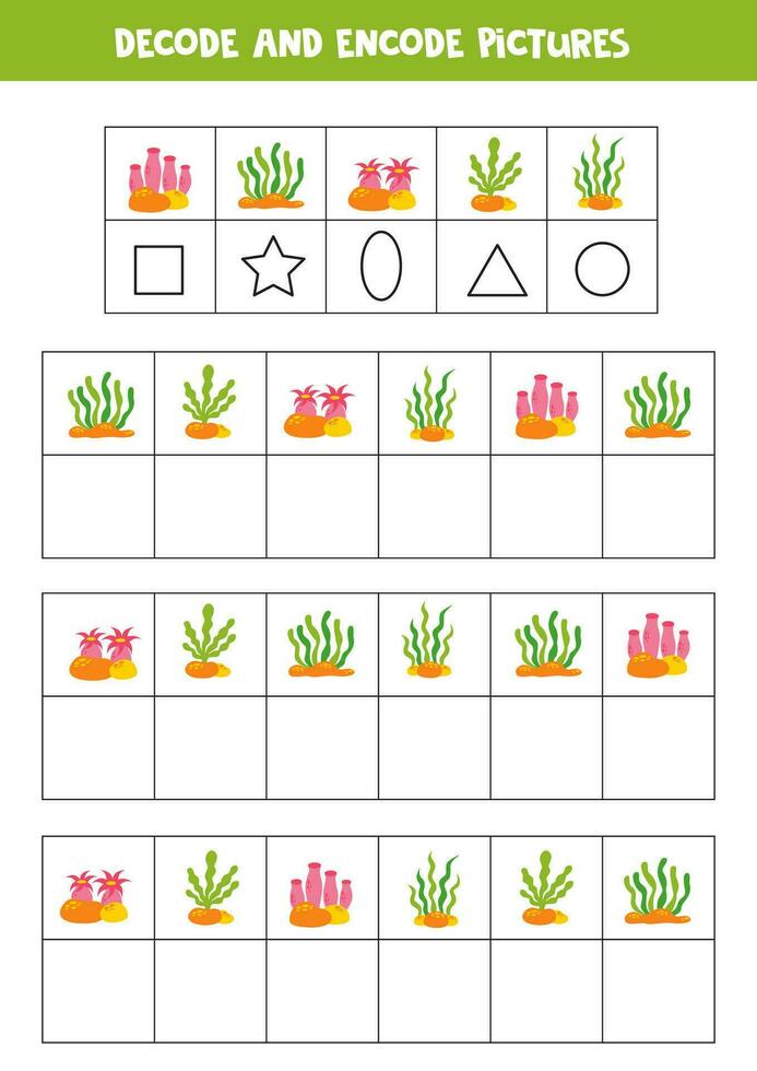 descodificar y codificar fotos. escribir el símbolos debajo linda mar algas vector