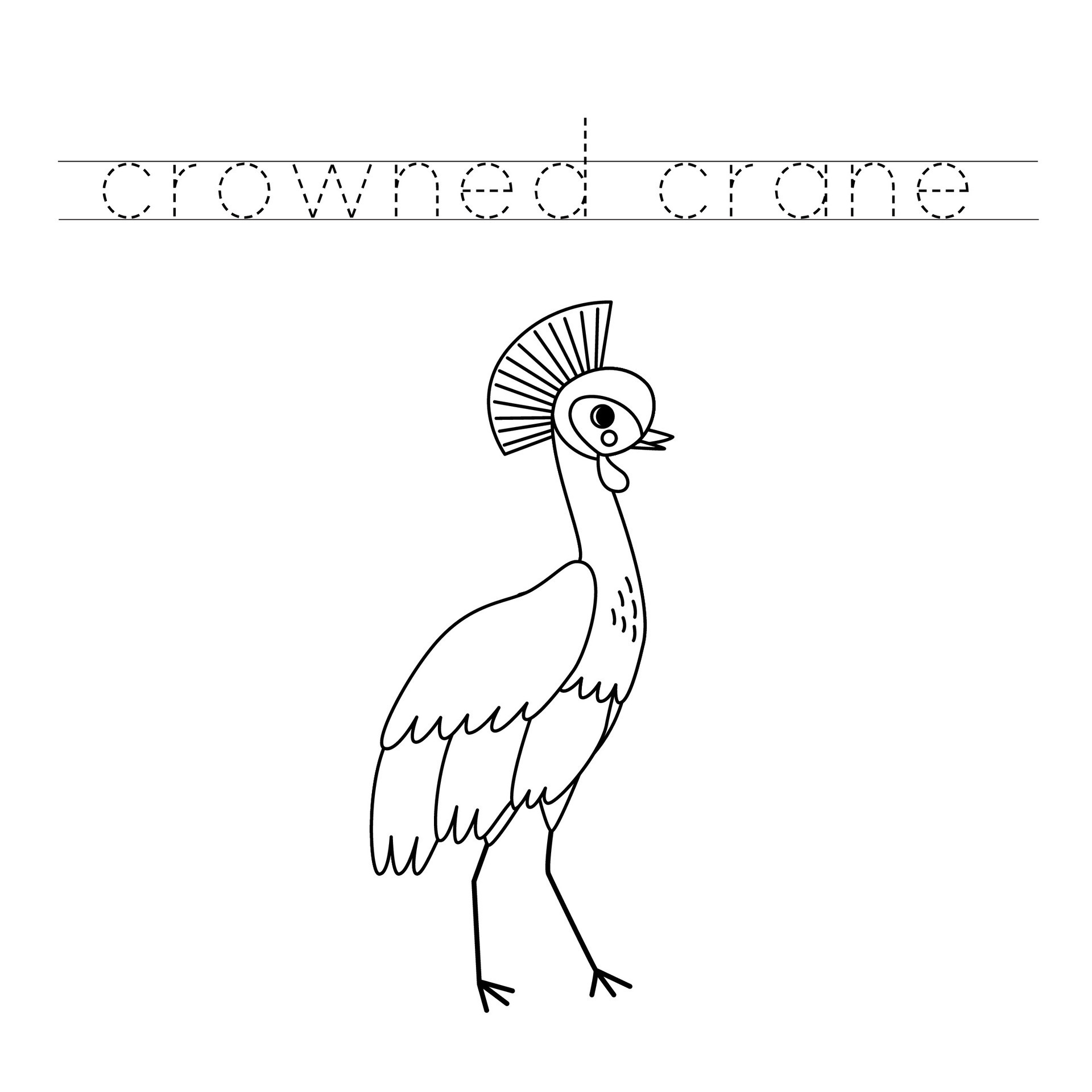 Trace the letters and color cartoon crowned crane. Handwriting practice