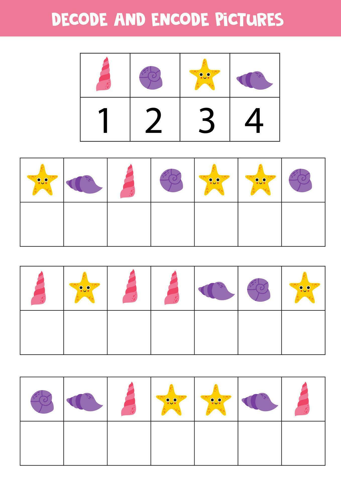 Decode and encode pictures. Write the symbols under cute sea animals ...