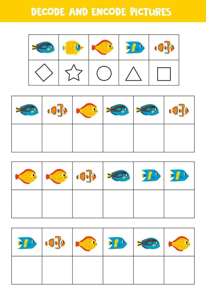 Decode and encode pictures. Write the symbols under cute sea fish. vector