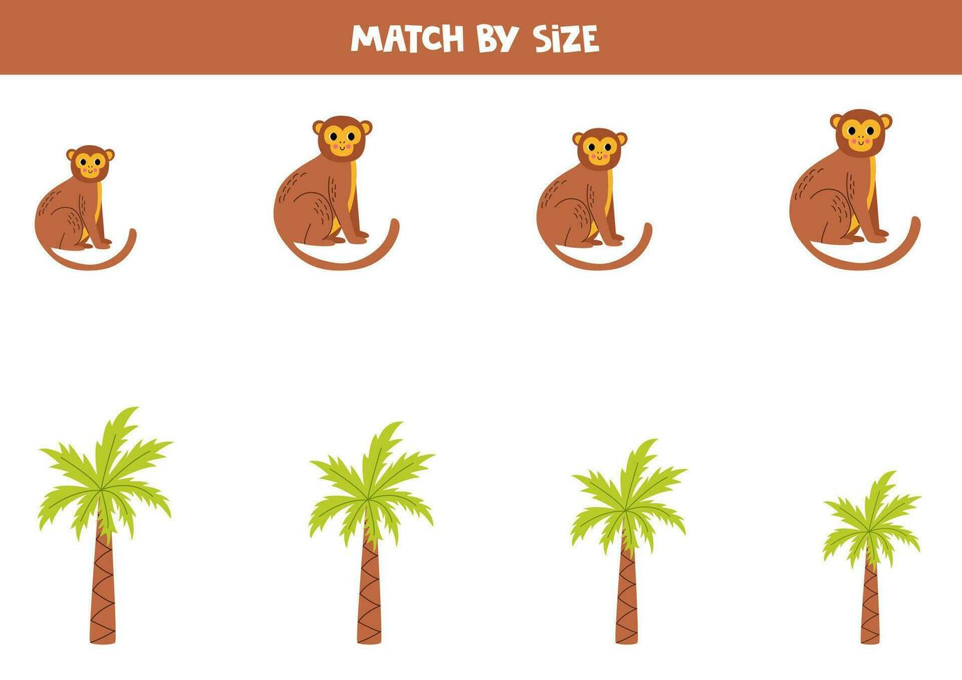 Matching game for preschool kids. Match cute monkeys and palm trees by size. vector