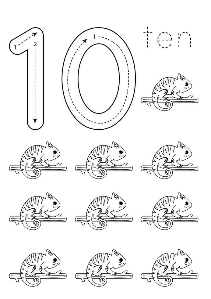 Flashcard number 10. Preschool worksheet. Cute cartoon chameleons. vector