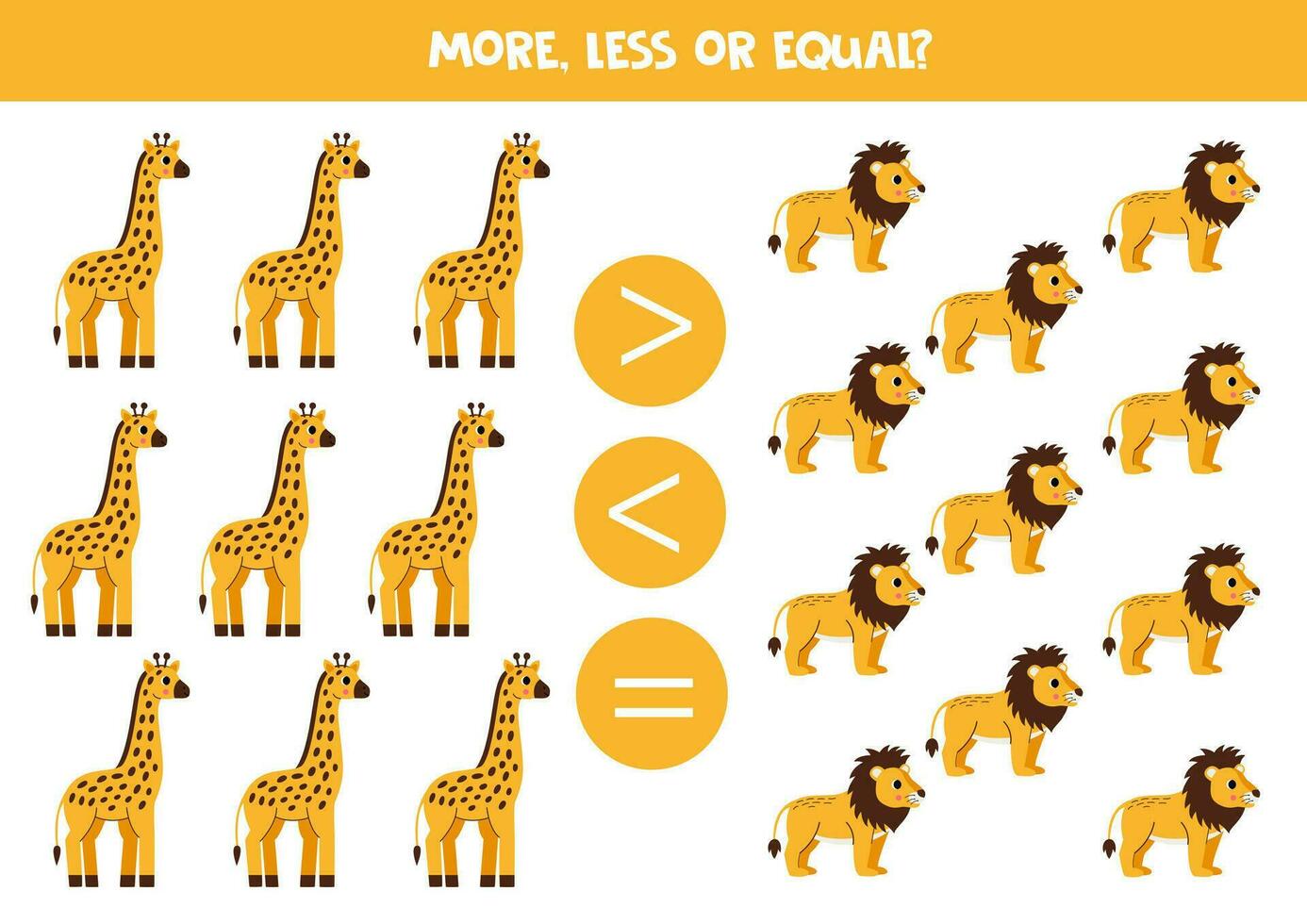 More, less or equal with cartoon African animals. Giraffes and lions. vector