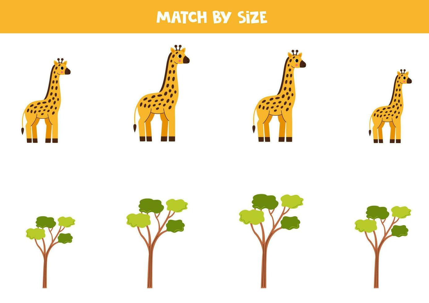 pareo juego para preescolar niños. partido linda jirafas y acacia arboles por tamaño. vector