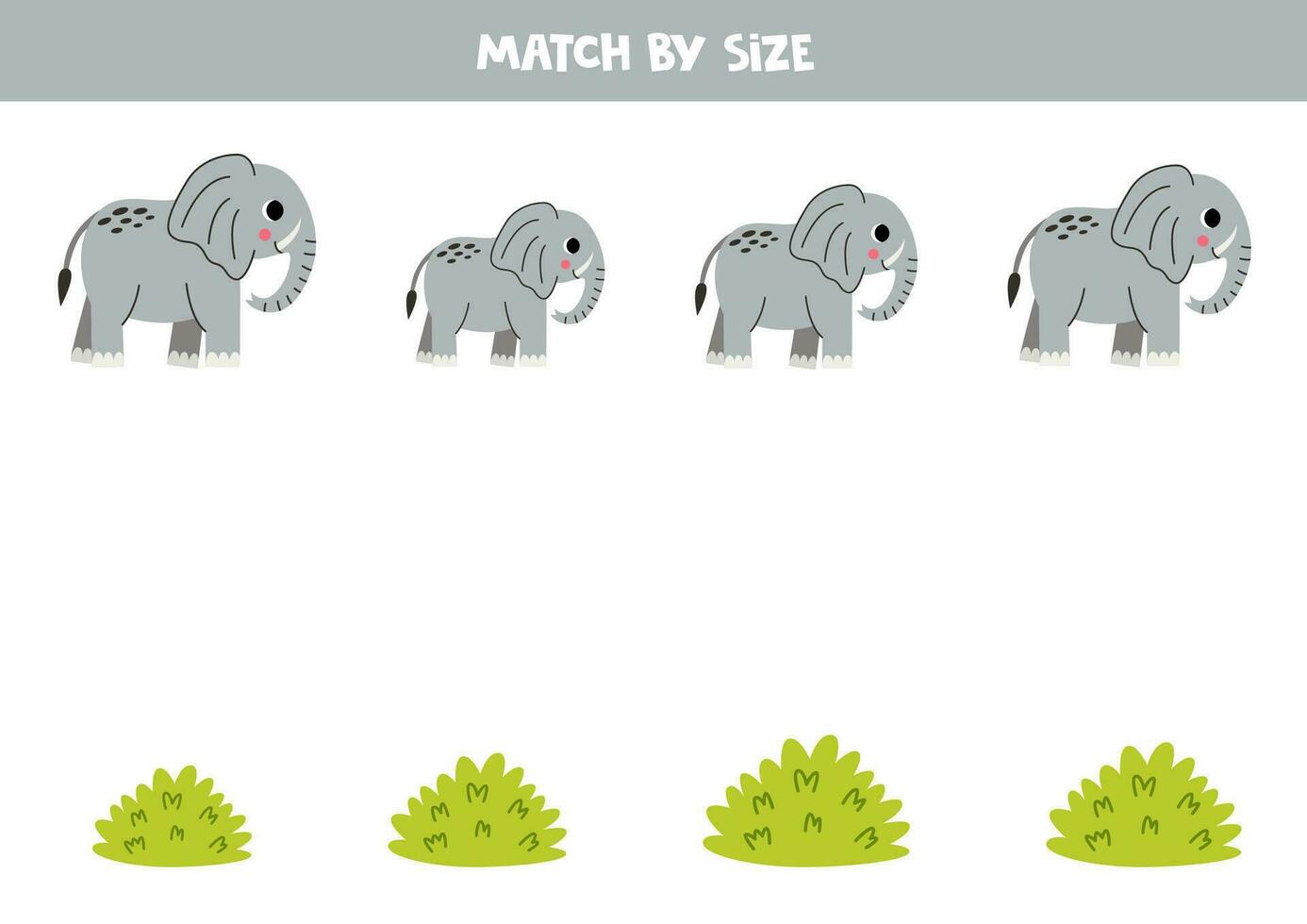 Matching game for preschool kids. Match cute gray elephants and bushes by size. vector