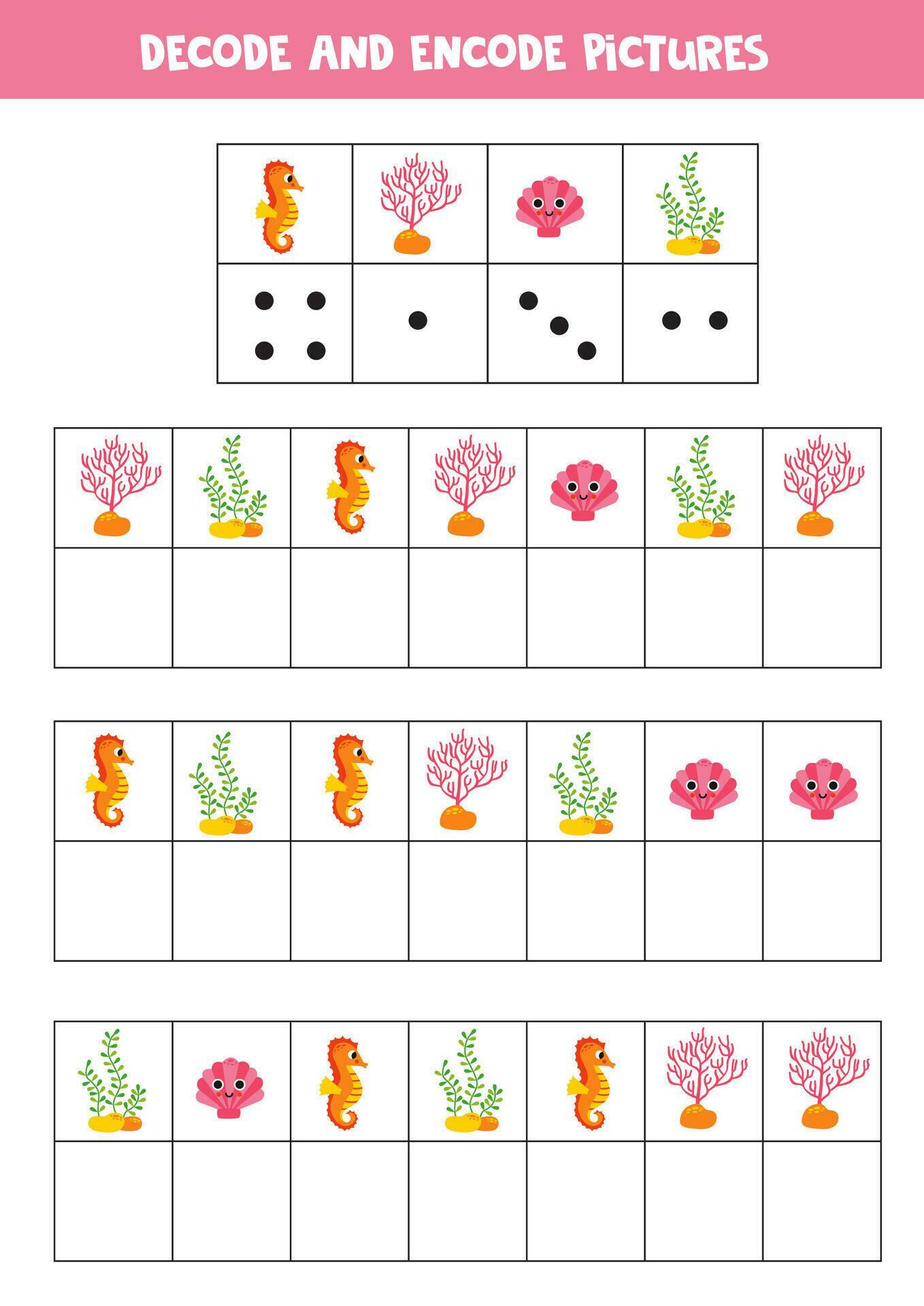 Decode and encode pictures. Write the symbols under cute sea animals ...