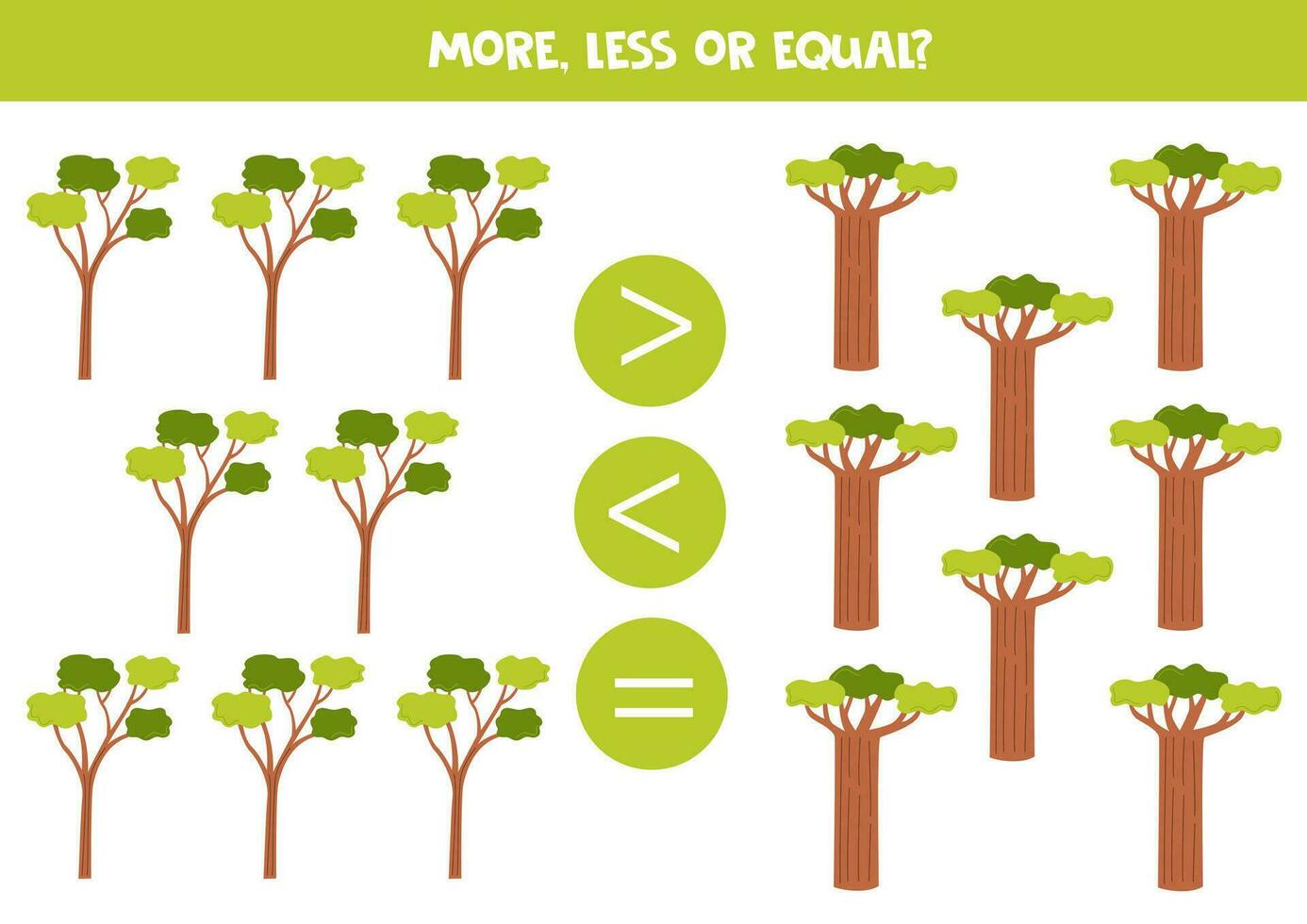 More, less or equal with cartoon safari trees. vector