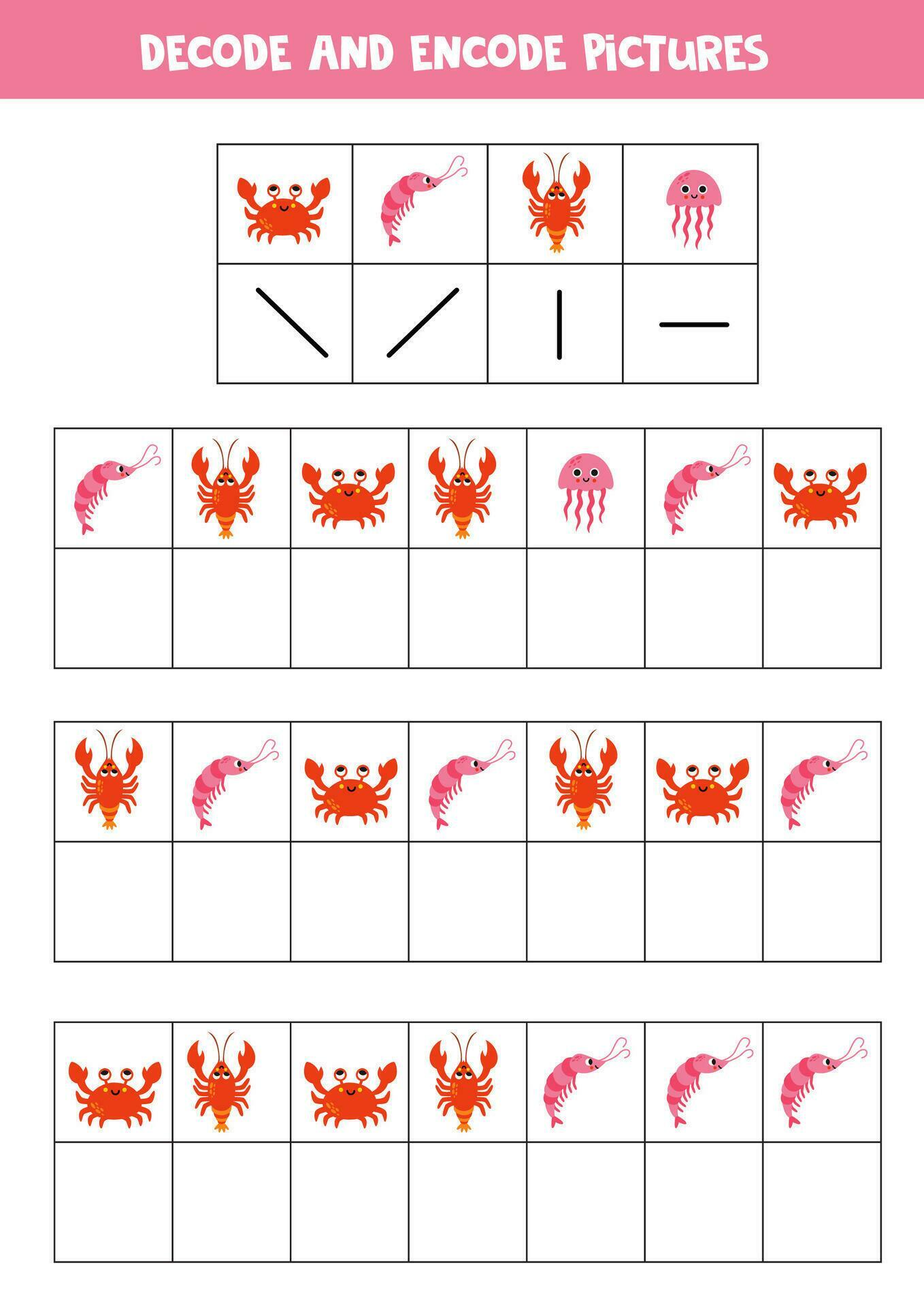 Decode and encode pictures. Write the symbols under cute sea animals ...