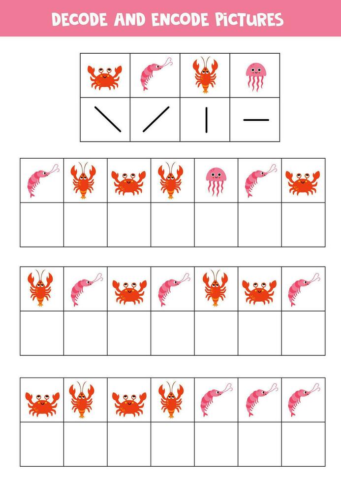 Decode and encode pictures. Write the symbols under cute sea animals. vector