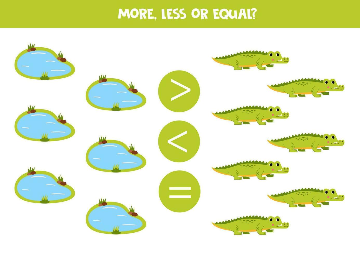 More, less or equal with cartoon African animals. crocodile and water pond. vector