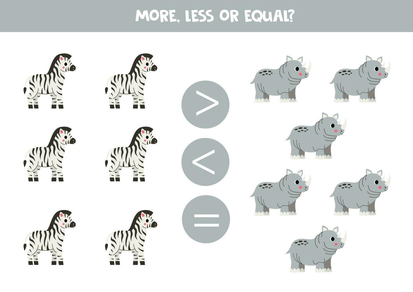 More, less or equal with cartoon African animals. zebras and rhinoceroses. vector