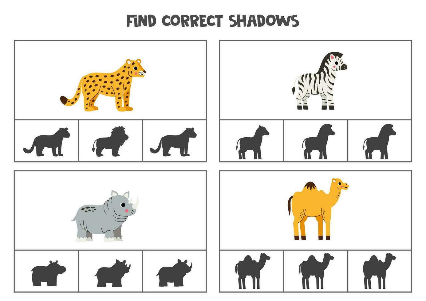 Find correct shadow of cute African animals. Printable clip card games for children. vector