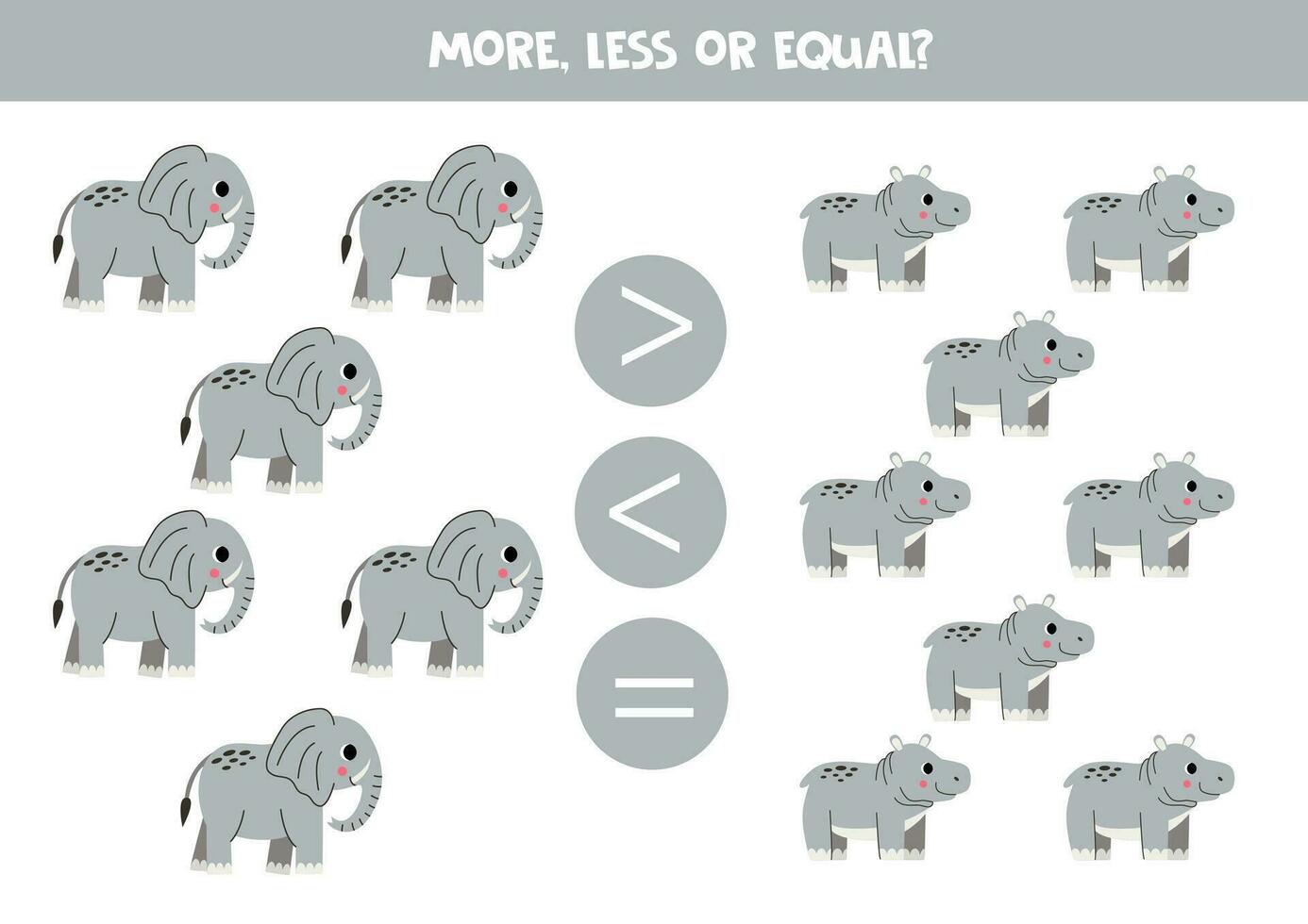 More, less or equal with cartoon African animals. elephants and hippopotamuses. vector