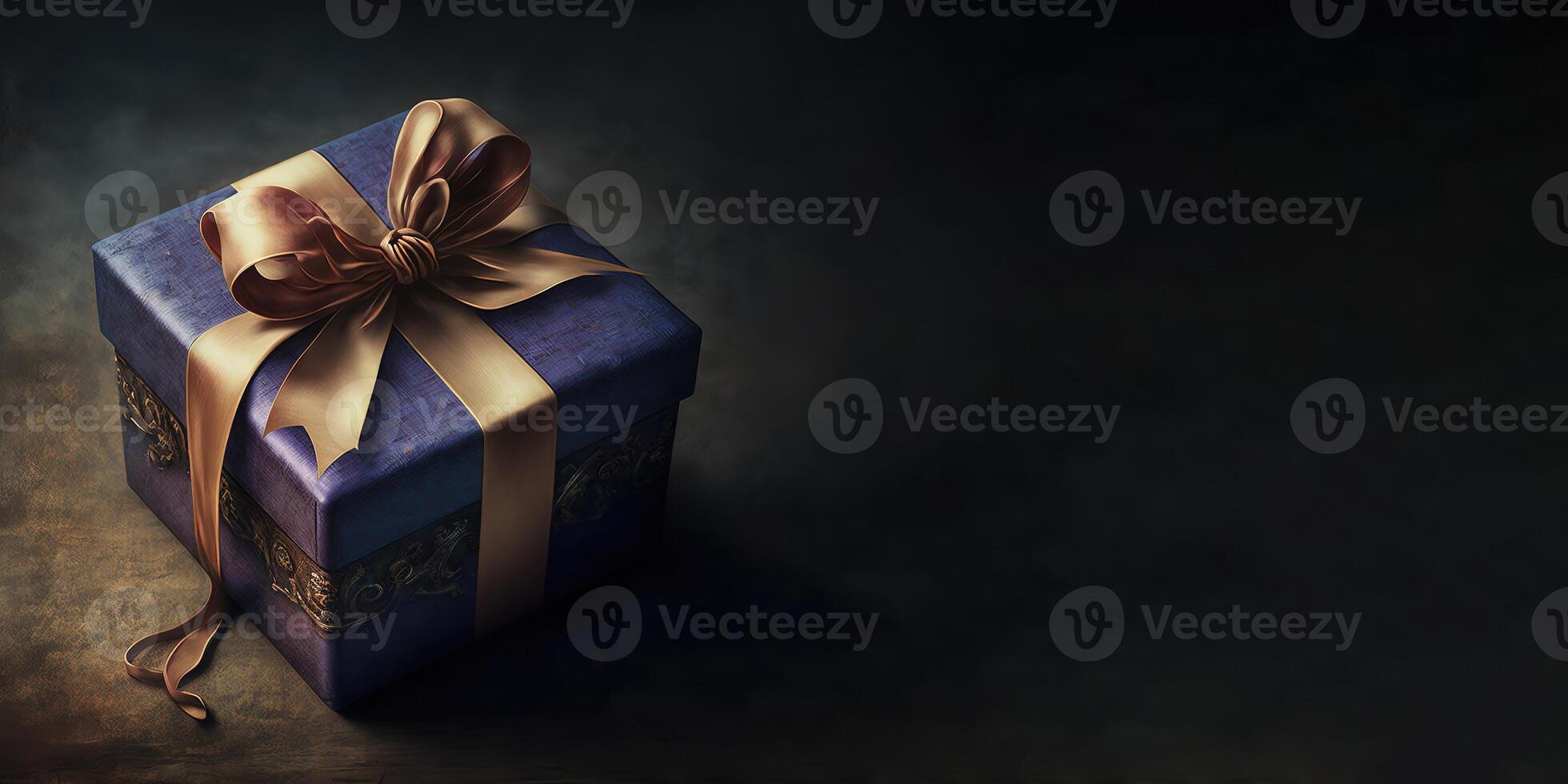 Gift box dark violet with gold ribbon bow on top, dark textured background. Present for Men's Day, Father's Day, Boss Birthday. Banner with place for text. photo